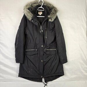 Mossimo Supply Co Women’s Black Parka Coat M Faux Fur Hood Cinch Waist